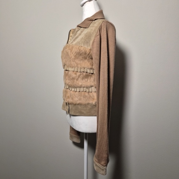 Bebe Vintage Leather Suede & Fur Y2K Collared Knit Bomber Downtown Fall Jacket L - Picture 7 of 9